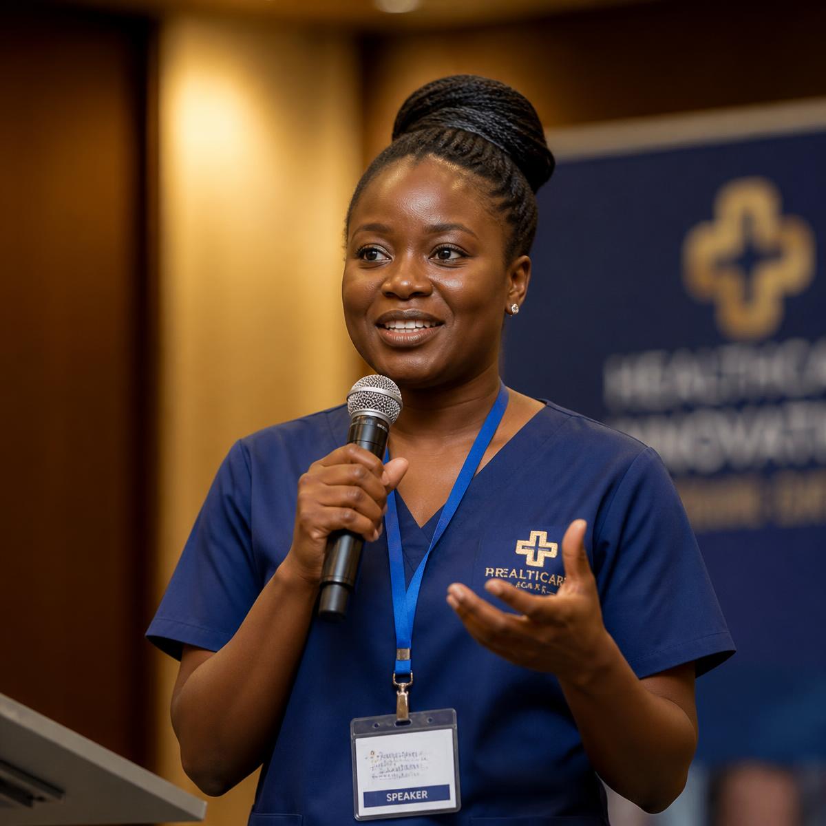 Nurse presenting research at a healthcare conference